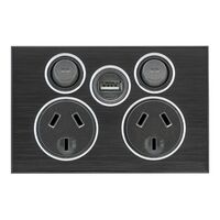 Saturn Series, Socket Outlet, Twin switched, Assembled, Single USB charger, Horizontal, 240 V, 10 A - Horizon Black