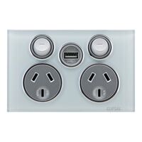 Saturn Series, Socket Outlet, Twin switched, Assembled, Single USB charger, Horizontal, 240 V, 10 A - Ocean Mist