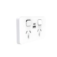 Clipsal Iconic, Switched Socket, 1xEx2 USB Charger A+C - Vivid White