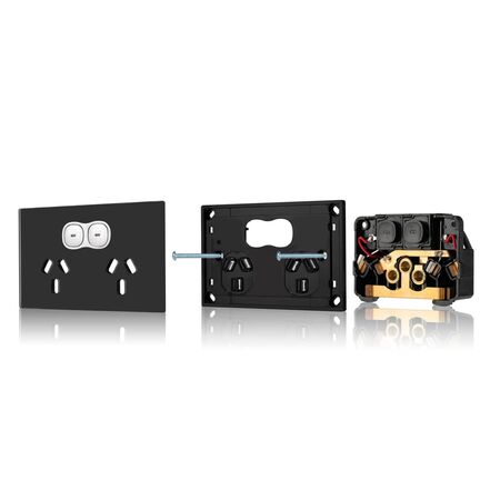 Glass Double GPO With Built-In LED Push Button Switch Black