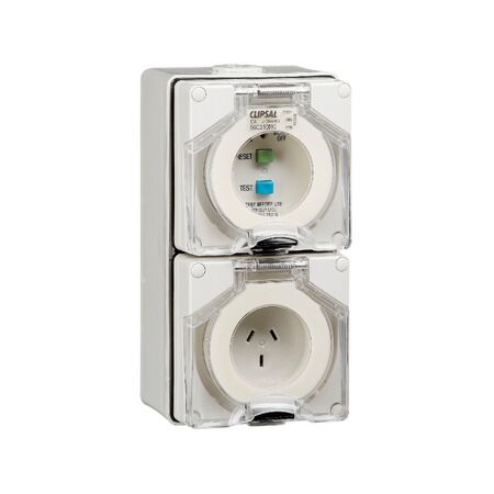 Clipsal - 56 Series, RCD Protected Switched Socket Outlet, 250V, 10A, 3 Flat PIN, IP66, 30mA
Grey