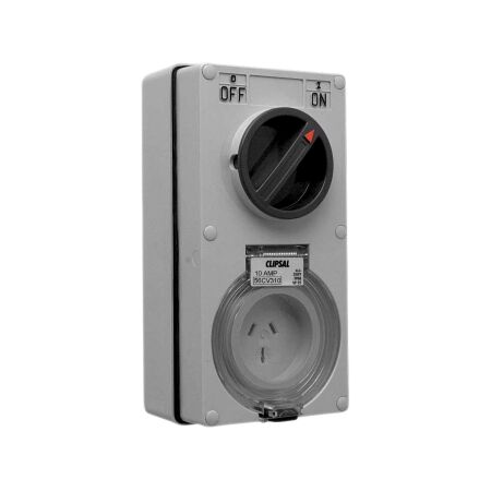 Clipsal - 56 Series, Switched Socket Outlet, 250V, 10A, 3 Flat PIN, IP66, 1 Pole, Vertical
Grey