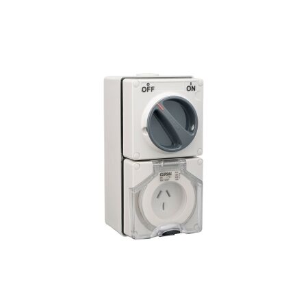 Clipsal - 56 Series, Switched Socket Outlet, 250V, 20A, 3 Flat PIN, IP66, 1 Pole - Resistant White Electric