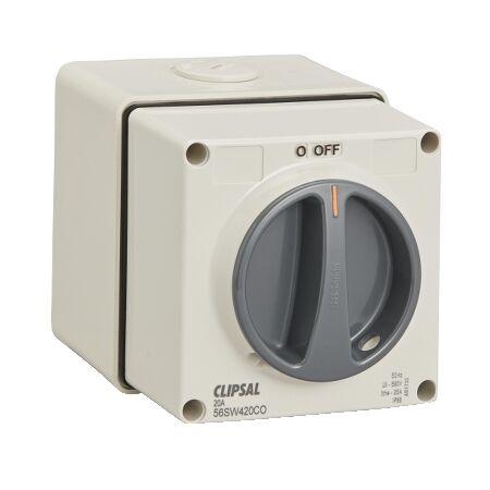 Clipsal - 56 Series, Surface Switch, 1 Gang, 4 Pole, 500VAC, 20A, Reversing and Changeover - Grey