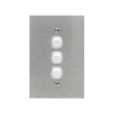 Metal Plate Series, Flush Switch, 3 Gang, 250VAC, 10A, Range, BSL Style, Standard, Vert - Black