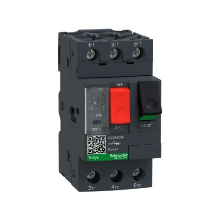 TeSys GV2, Motor circuit breaker, TeSys Deca, 3P, 1 to 1.6A, thermal magnetic, screw clamp terminals, button control